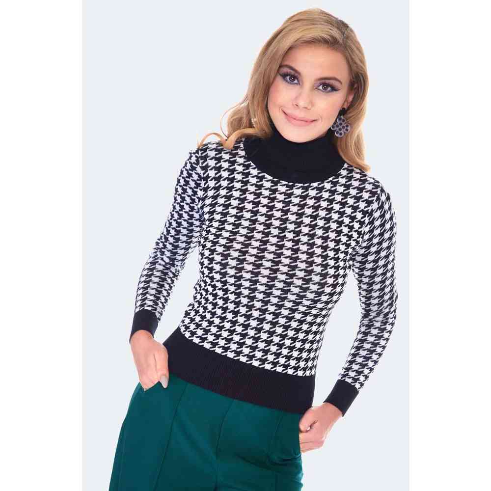 Voodoo Vixen - Black And White Houndstooth Rollneck Sweater/trui - Multicolours